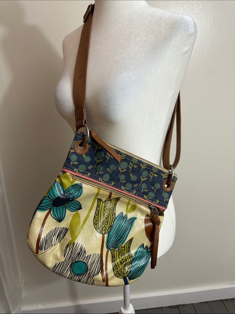 Fossil Teal Floral Crossbody with Brown Strap